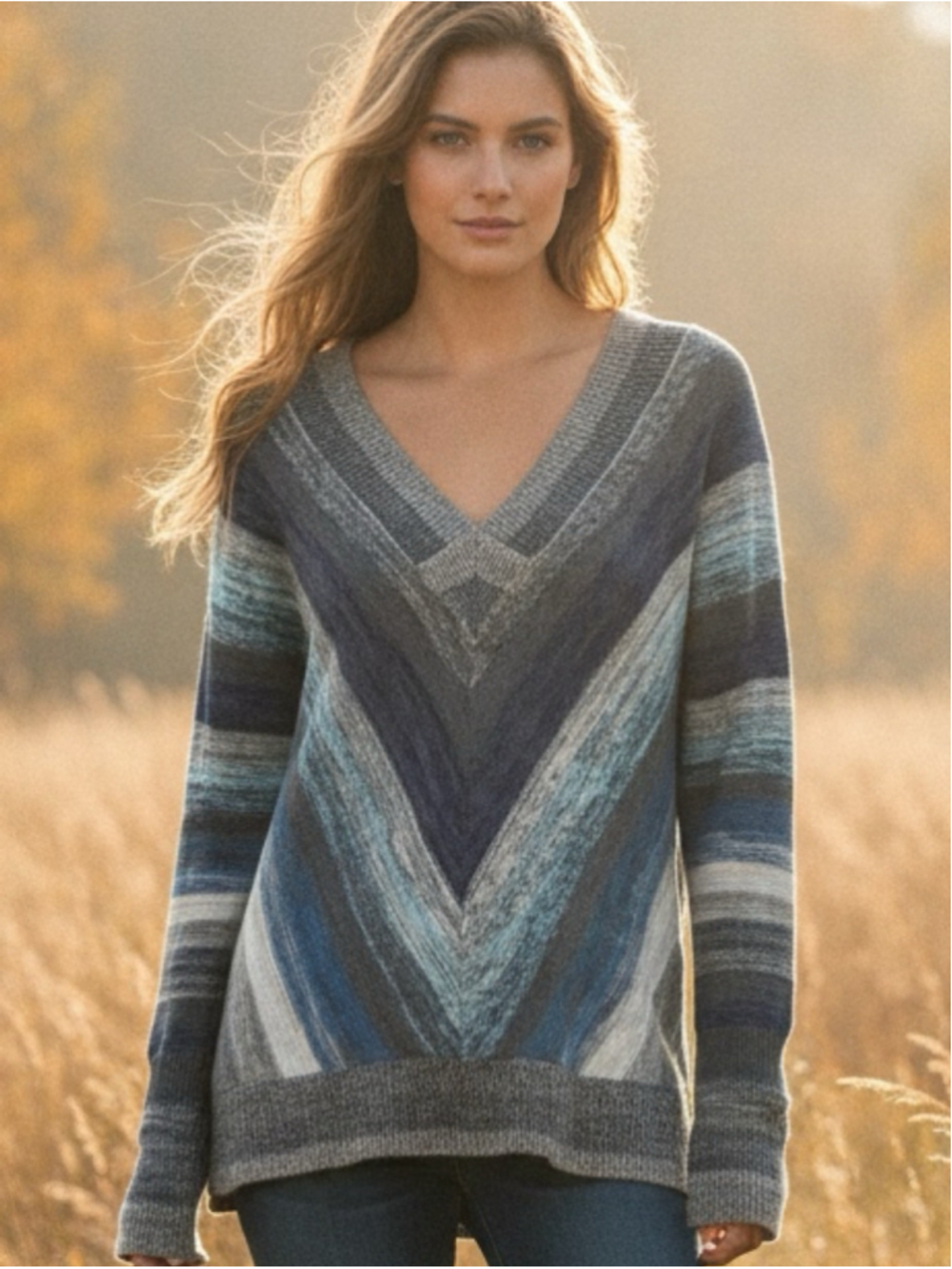 Free People V-Neck Flowy Chevron Sweater Blue Grey Women’s Sz L